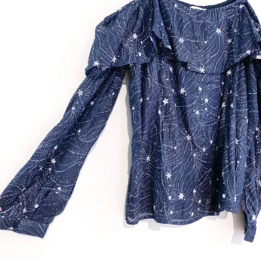 NWT Floreat Anthropologie Navy Blue Metallic Silver Star Cold Shoulder Top - Picture 6 of 11